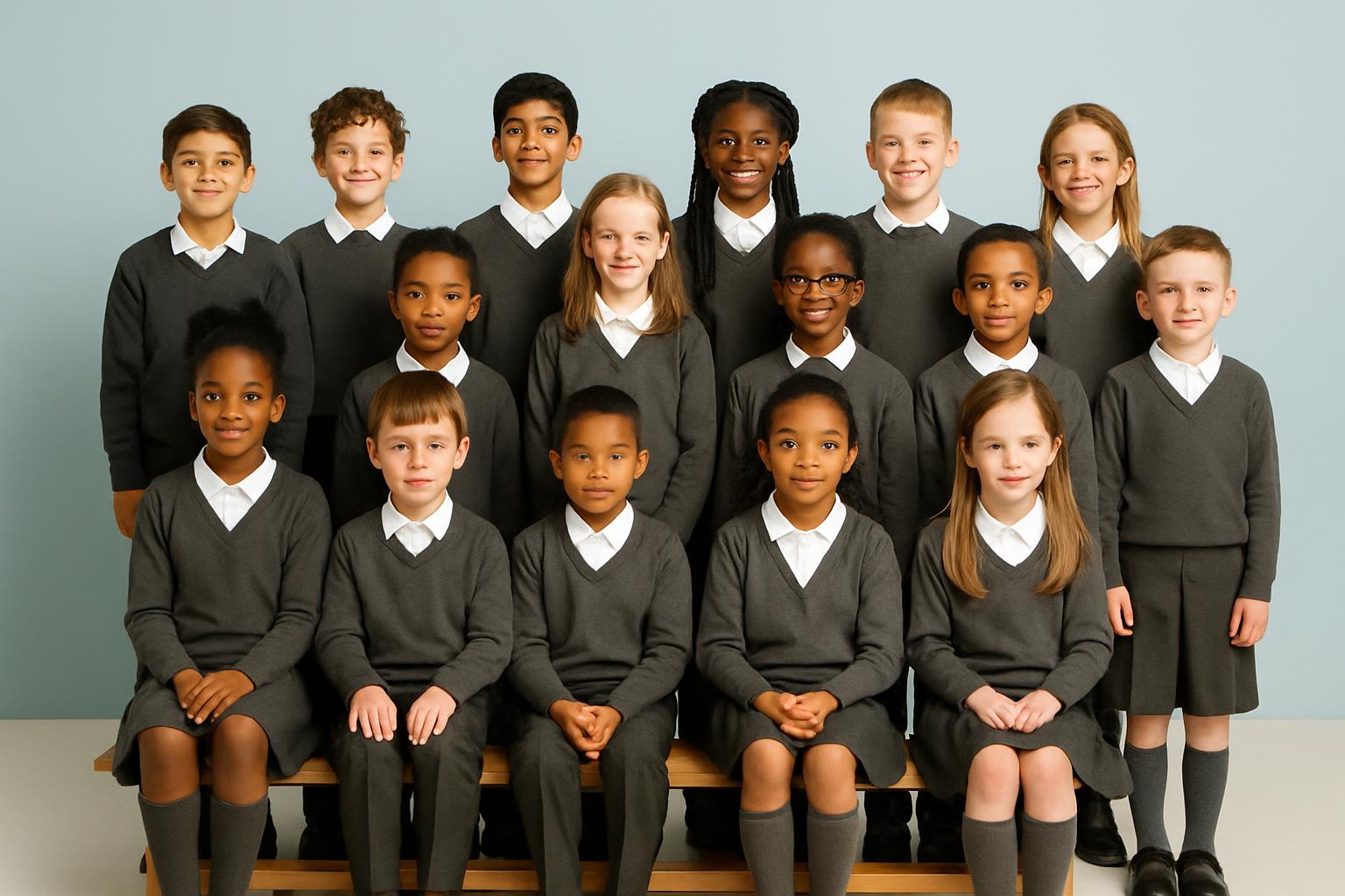 A group of children in school uniforms posing for a picture. .
