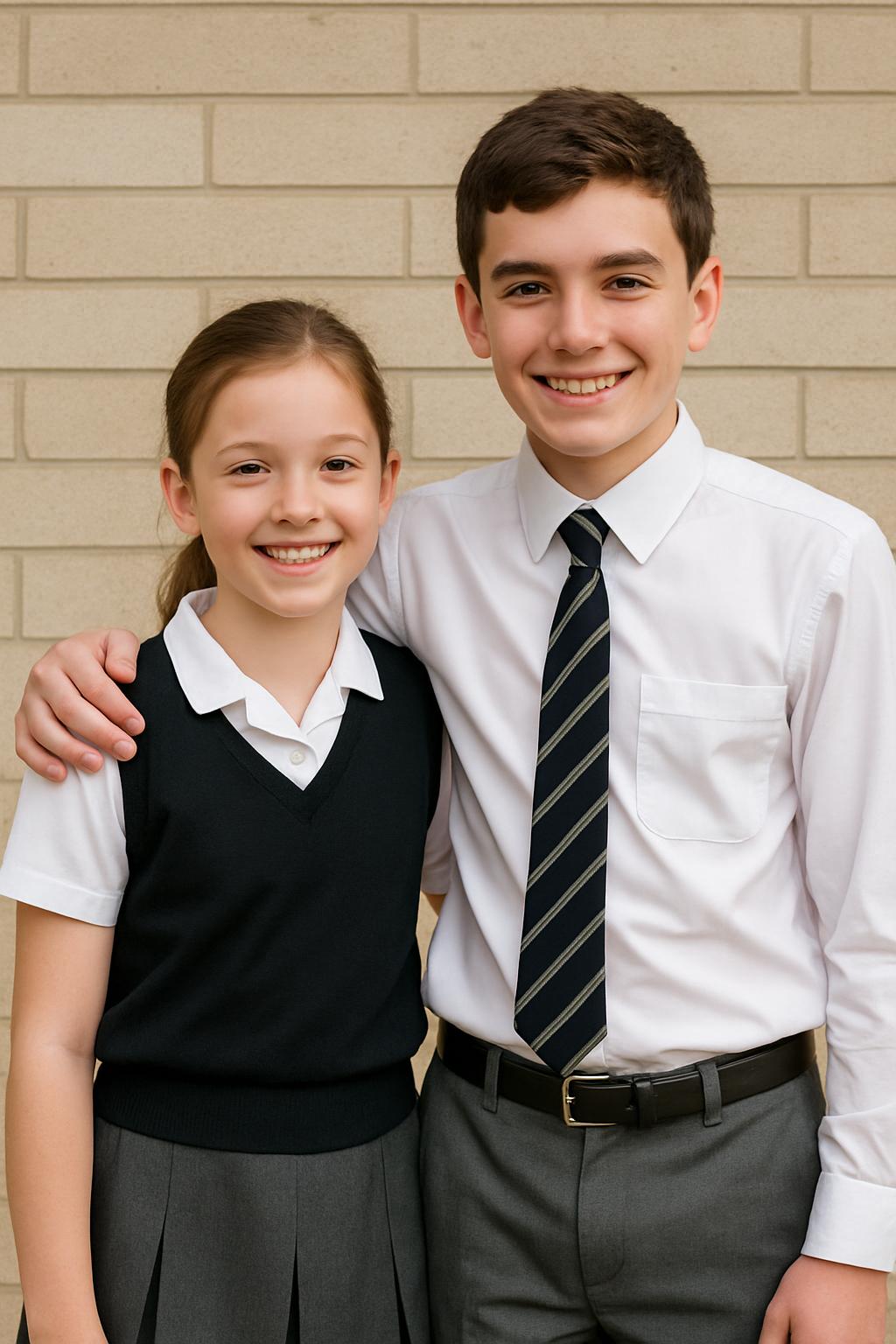 White shirt, middle school uniform, preteen, brick wall, happy schoolchildren, smiling.